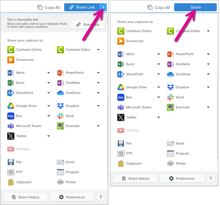 Share Link or Share dropdown menu