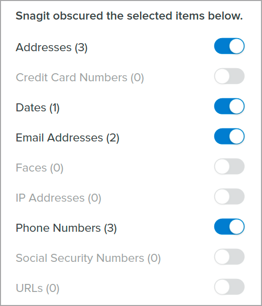 Smart Redact information categories
