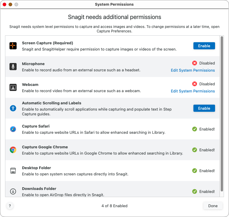 System Permissions dialog in Snagit
