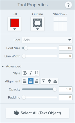 Text tool properties on Windows