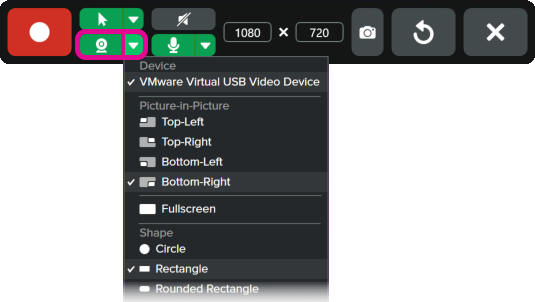 Record camera and options buttons in the video recording toolbar
