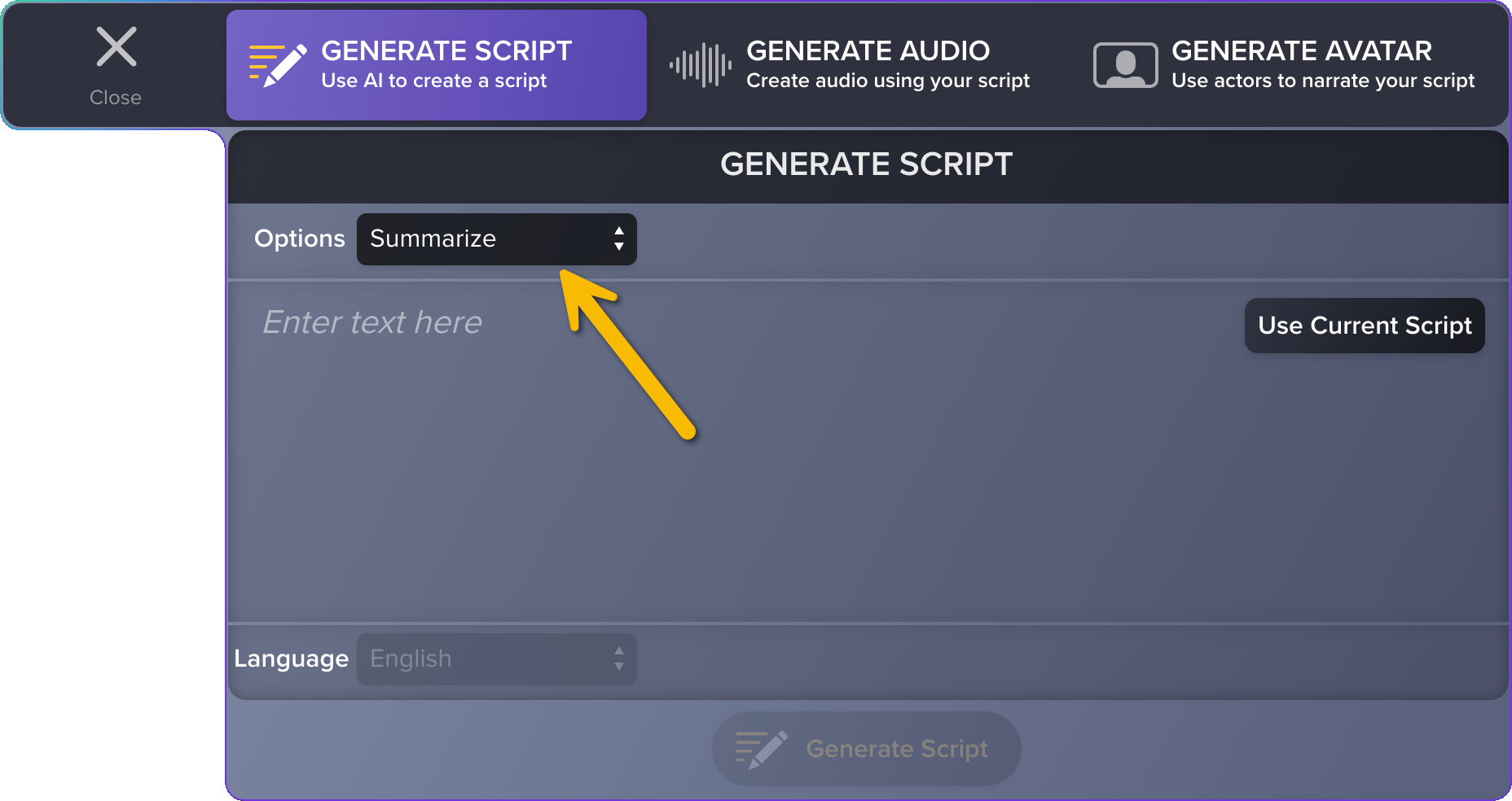 Summarize script dialog