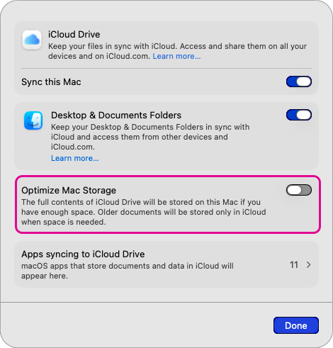iCloud Drive settings