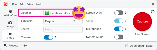 Video capture window with Open In Camtasia Editor option