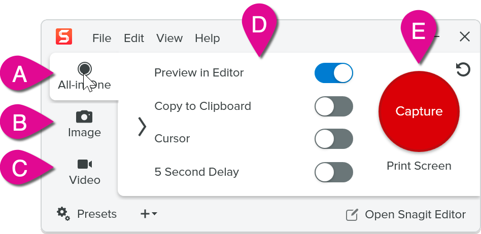 Capture window with labels