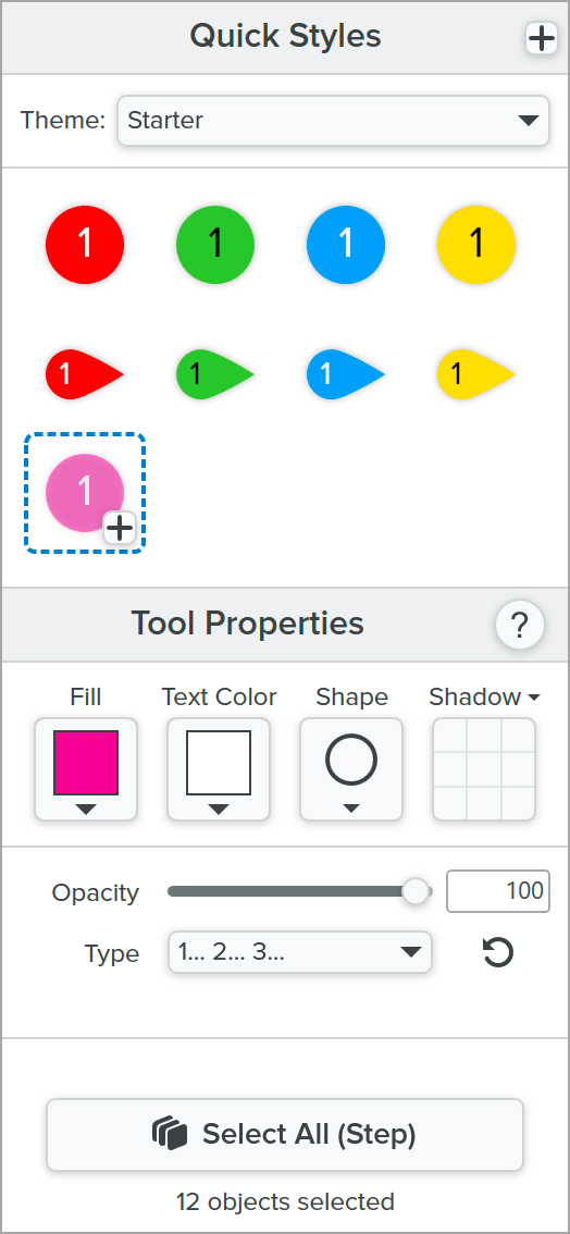 Step quick styles and tool properties