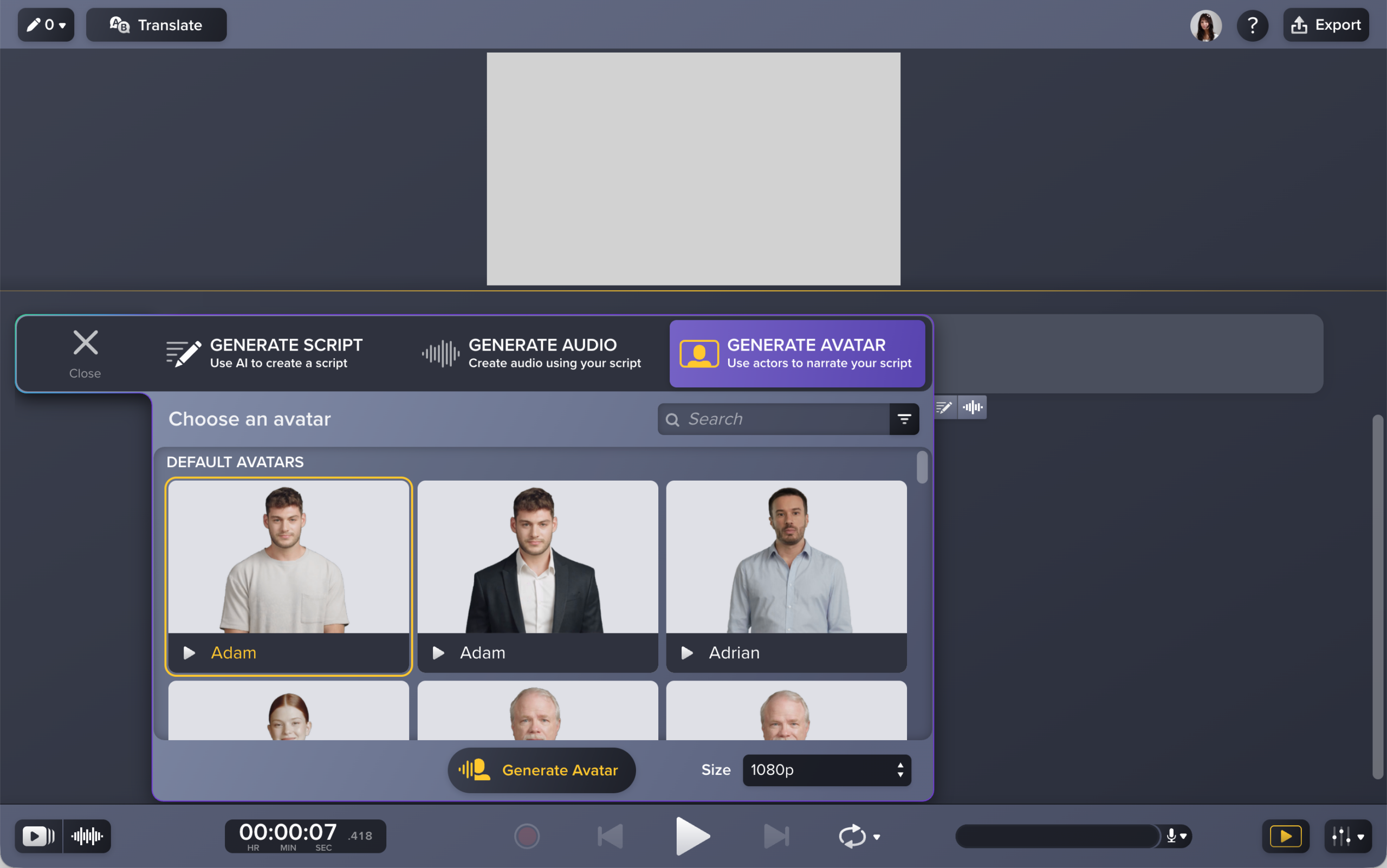 Generate Avatar tab