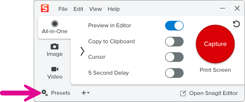 Presets button in the Snagit Capture window