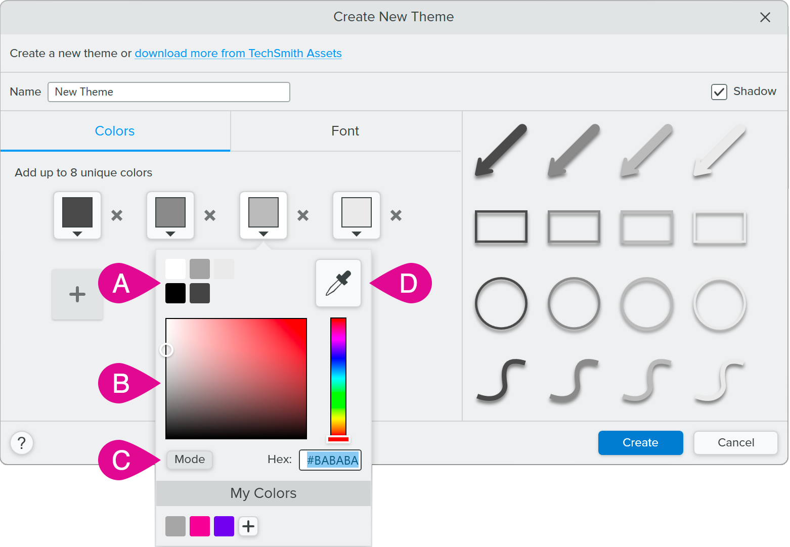 Create New Theme dialog and color picker