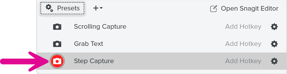 Step Capture button in the Presets menu