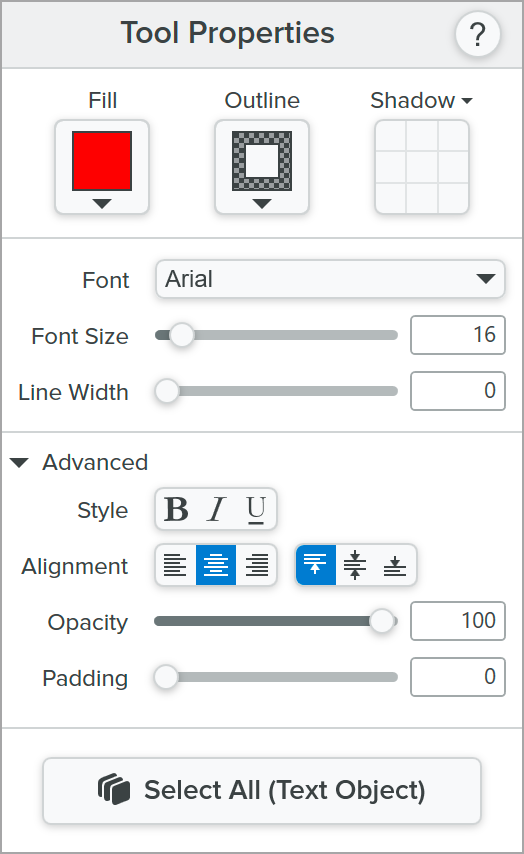 Text tool properties on Windows
