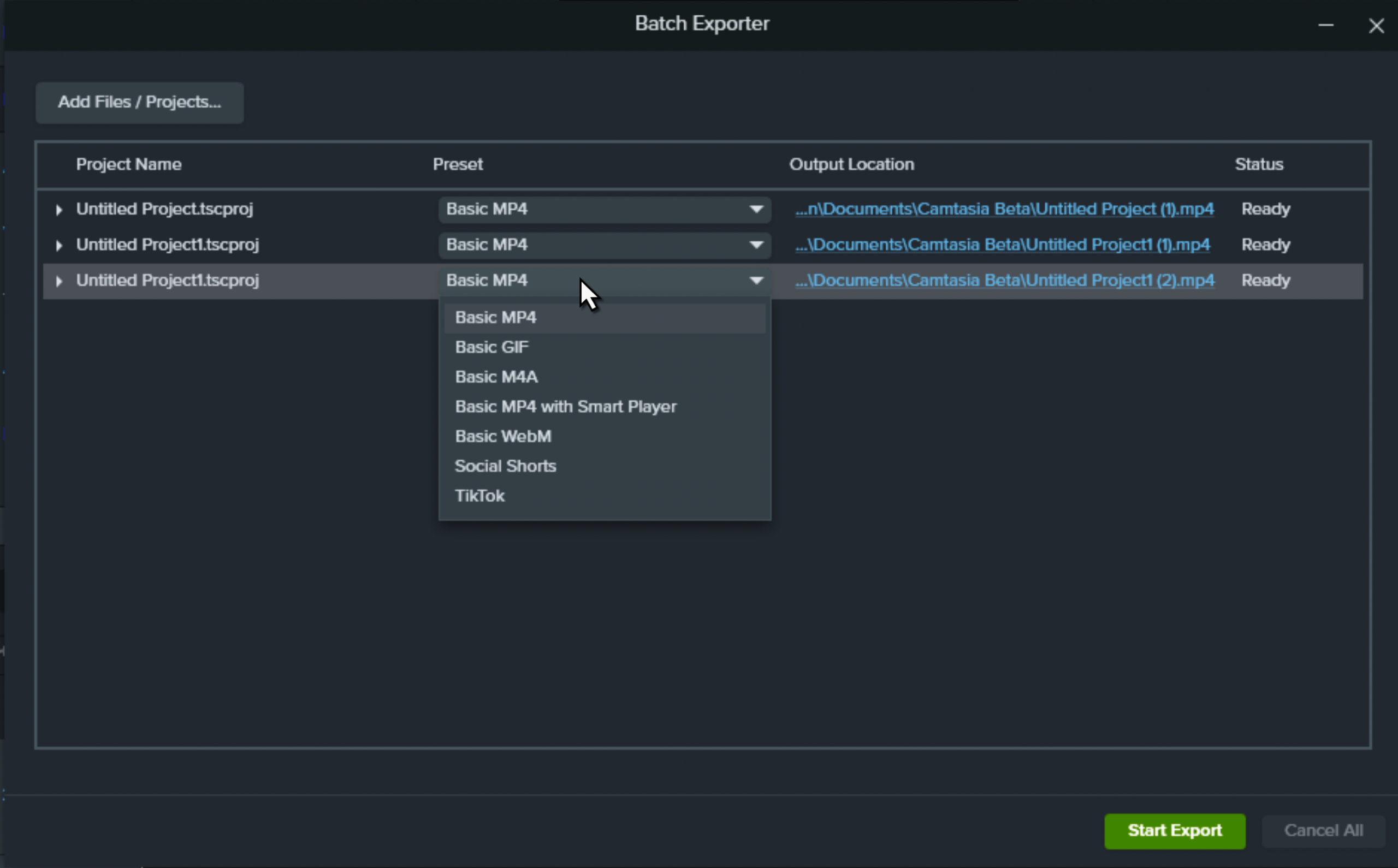 Batch Exporter dialog example queue