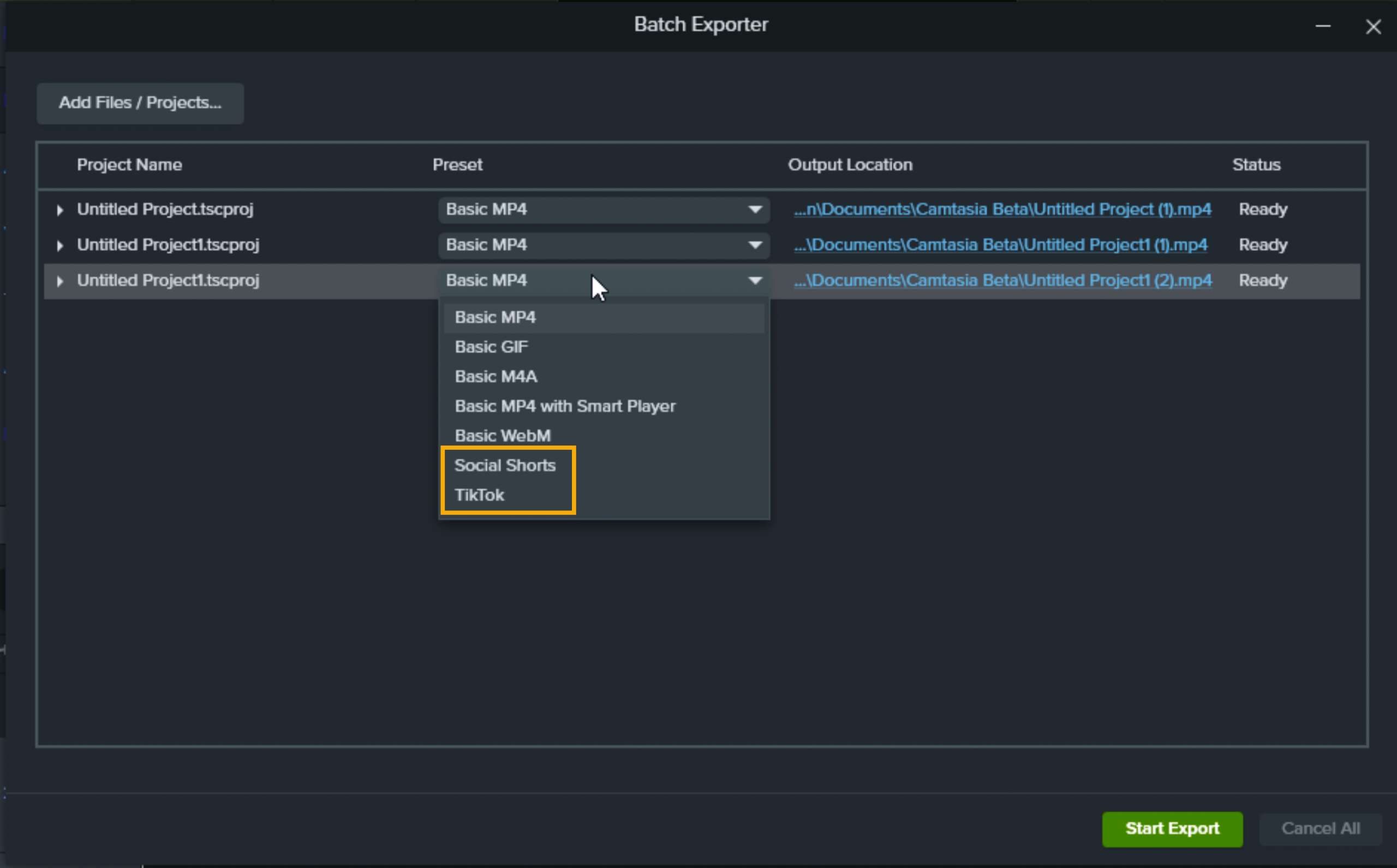 Export Preset dropdown in Batch Exporter