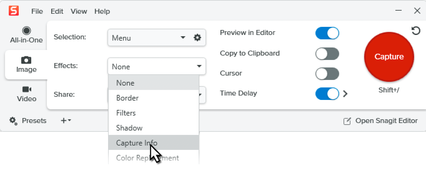 Select Capture Info option in Effects dropdown