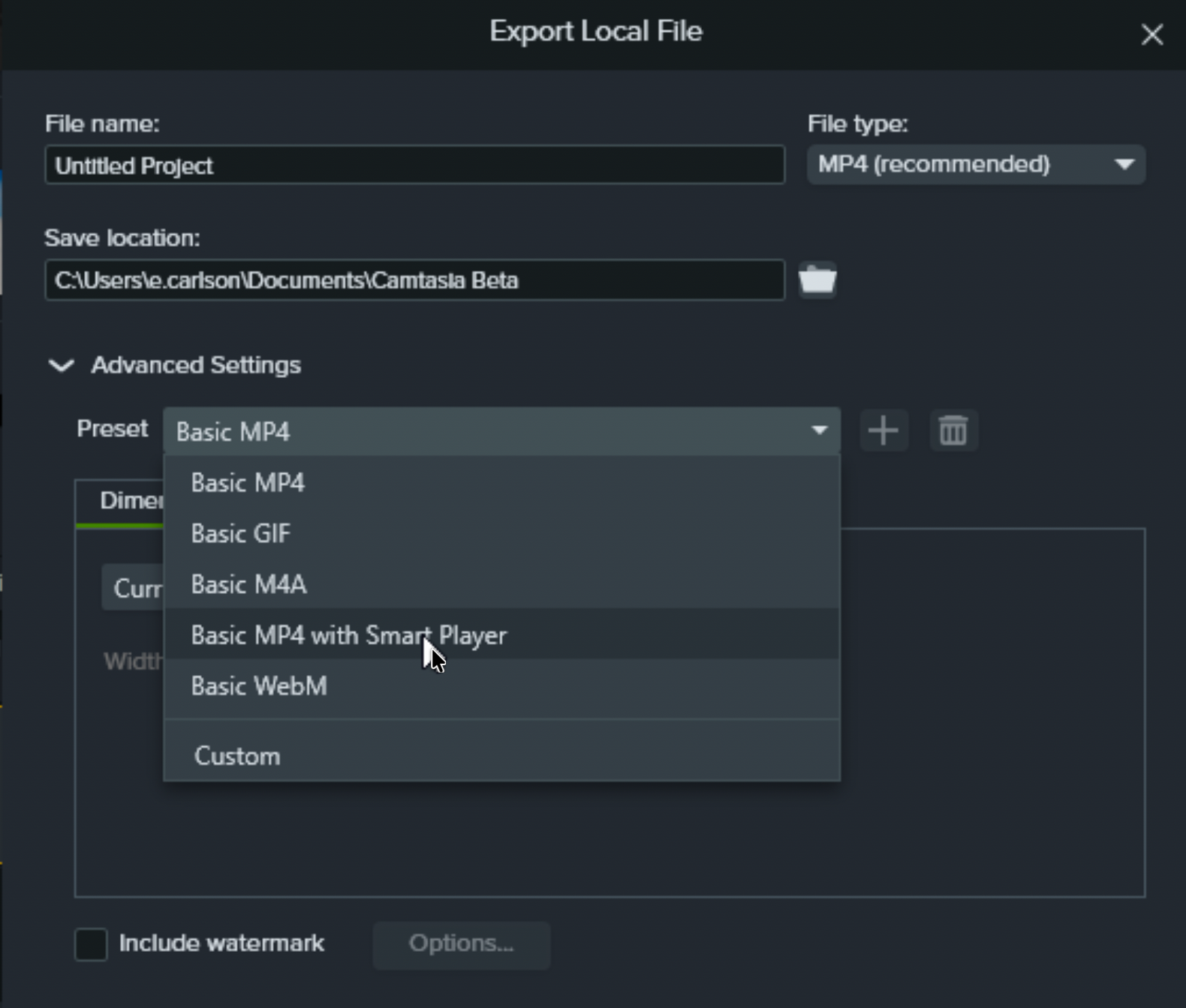 Preset dropdown in Export Local file dialog