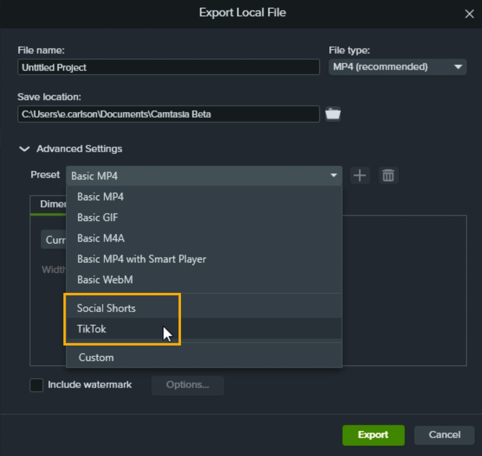 Export Preset dropdown