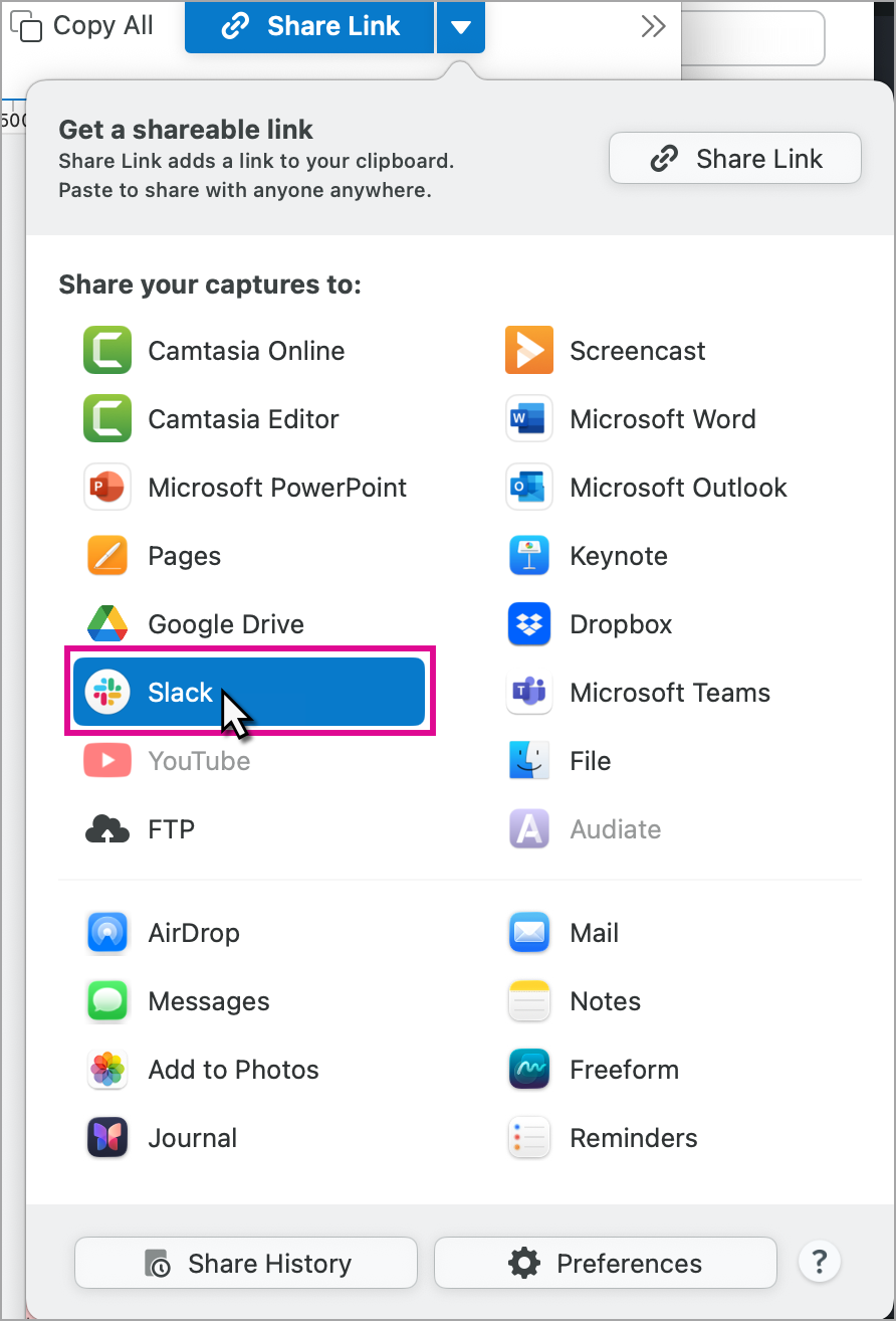 Slack app in Share dropdown