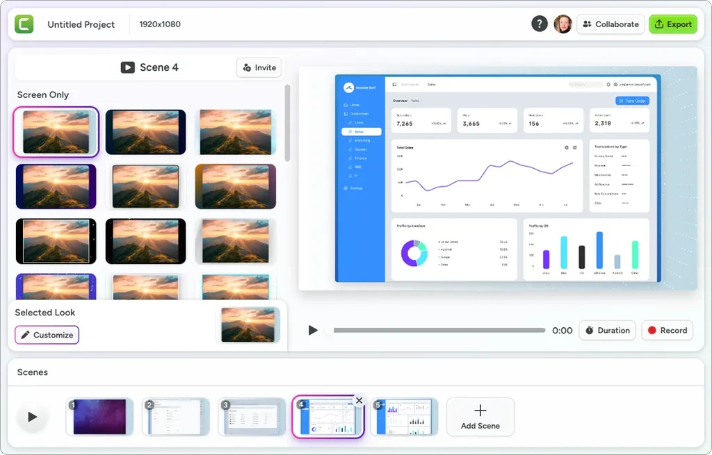 Example of Camtasia Online project with 5 scenes