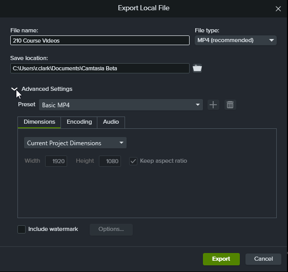 Advanced Settings dropdown in the Export Local File dialog