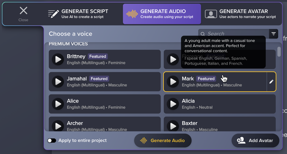 choose an AI voice on the Generate Audio tab