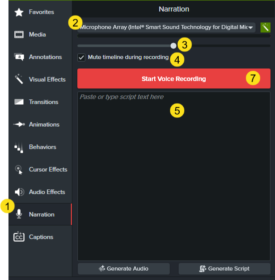 Narration tab options