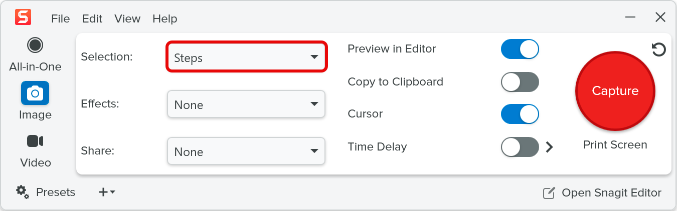Steps option on the Image capture tab