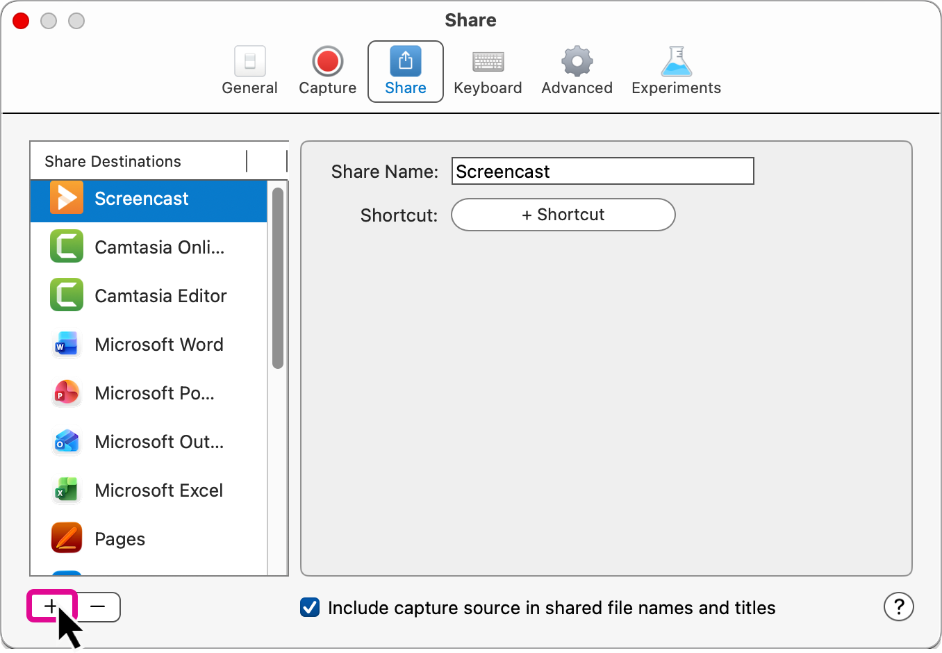 Add a destination in the Share preferences dialog