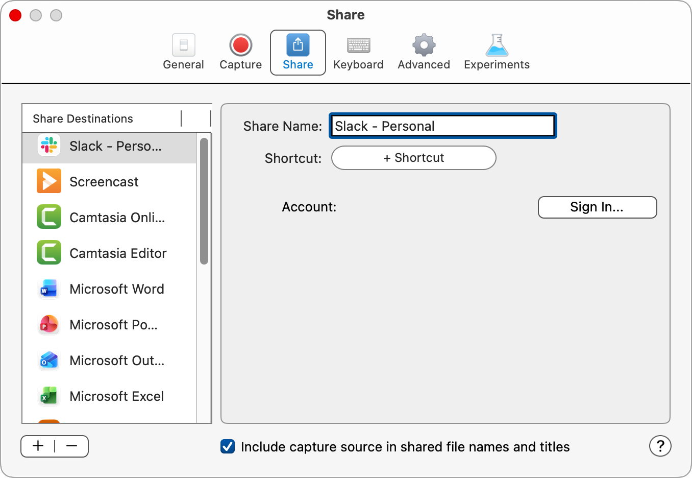 Customize the Share Name in the Share preferences dialog