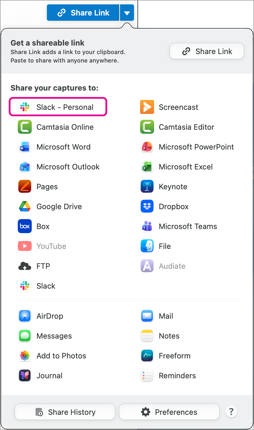 The Share dropdown shows multiple instances of Slack