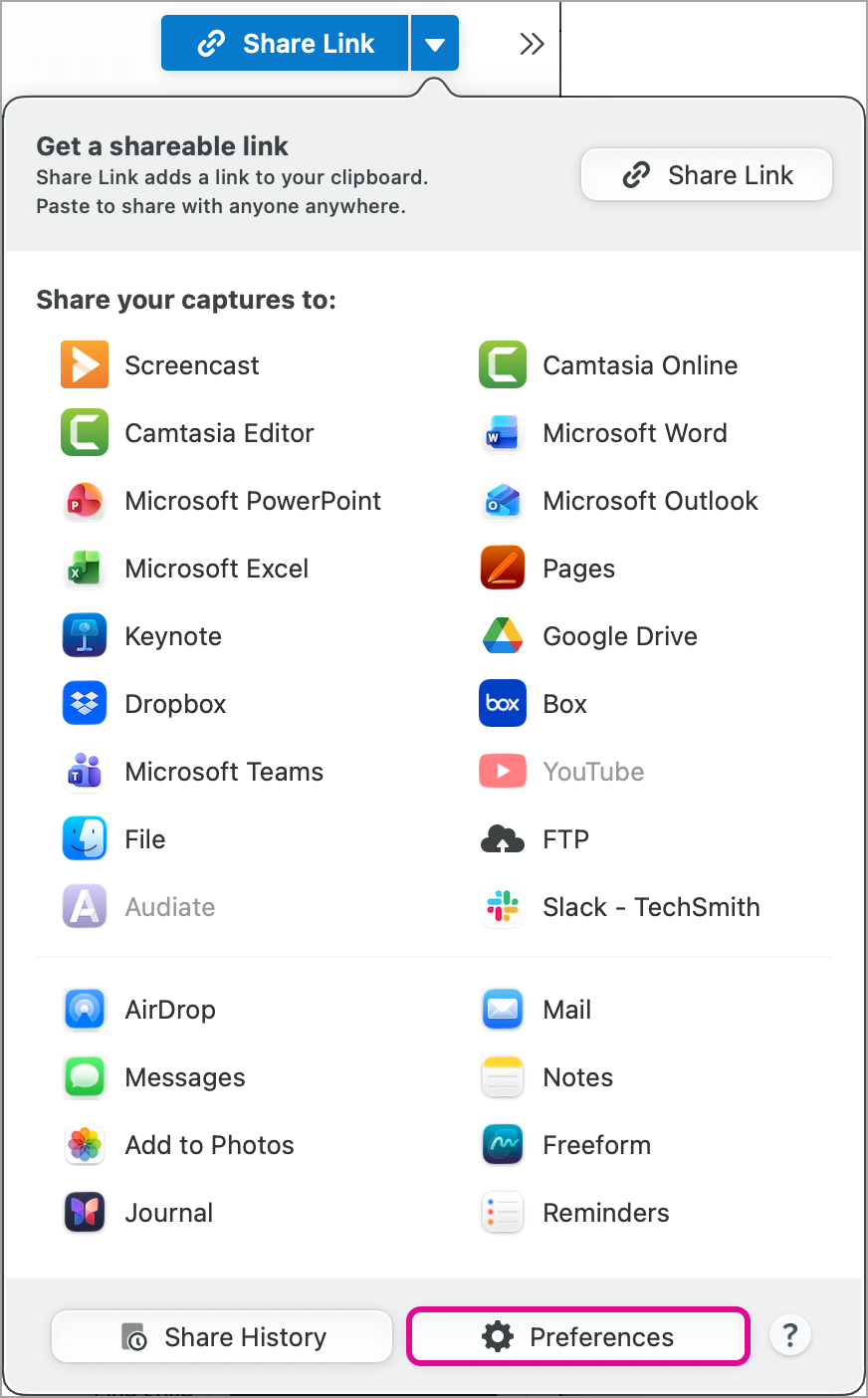 Preferences button in the Share dropdown on Mac