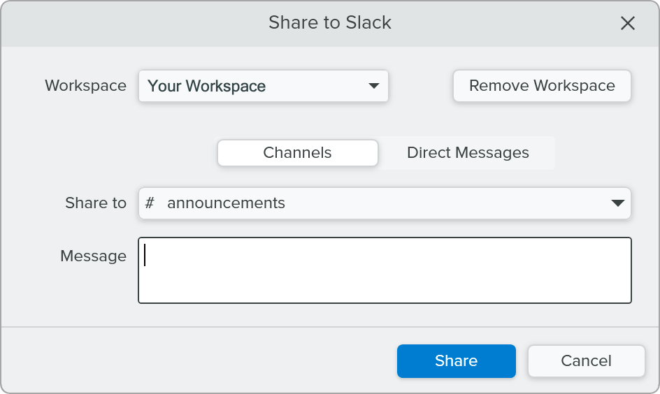 Share to Slack dialog with workspace added