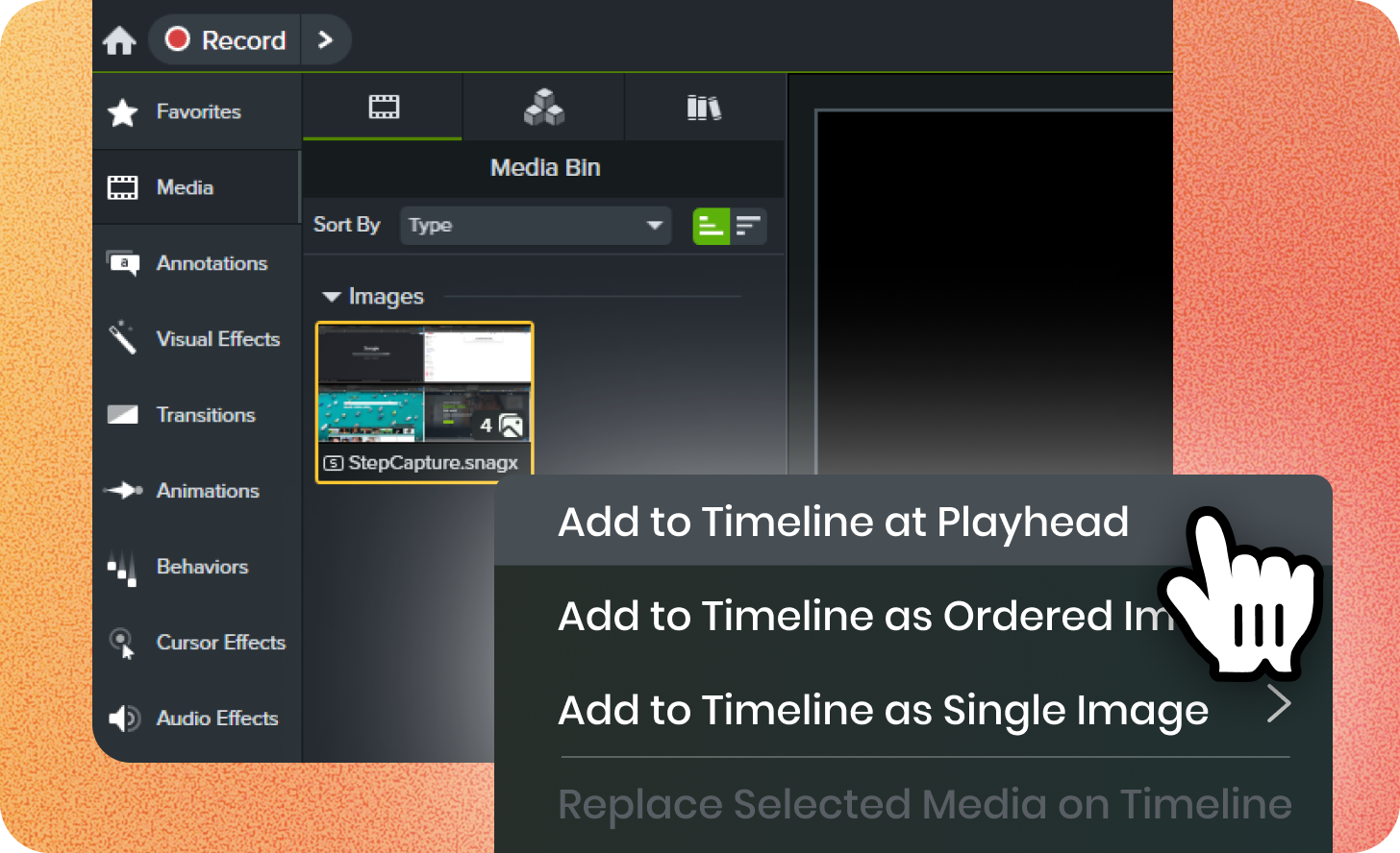 Add to Timeline at Playhead option in the Media Bin context menu