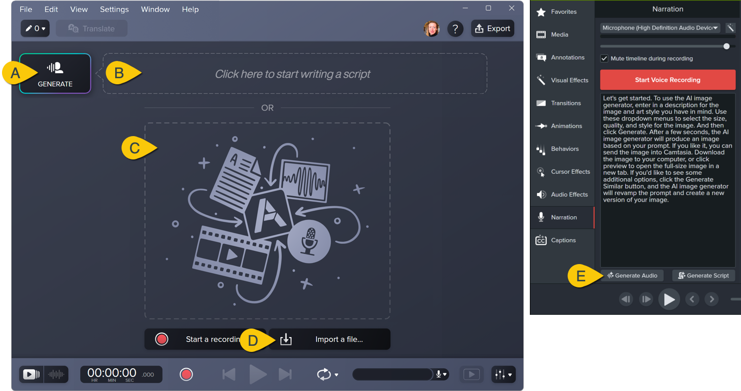 Labeled options to add text in Audiate and Camtasia Editor