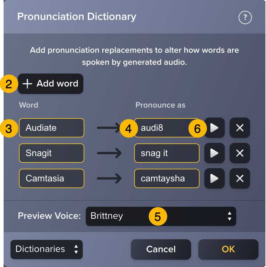 Pronunciation Dictionary with labels and examples