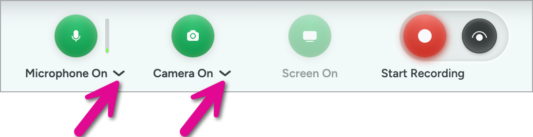 Dropdowns to select microphone and camera devices