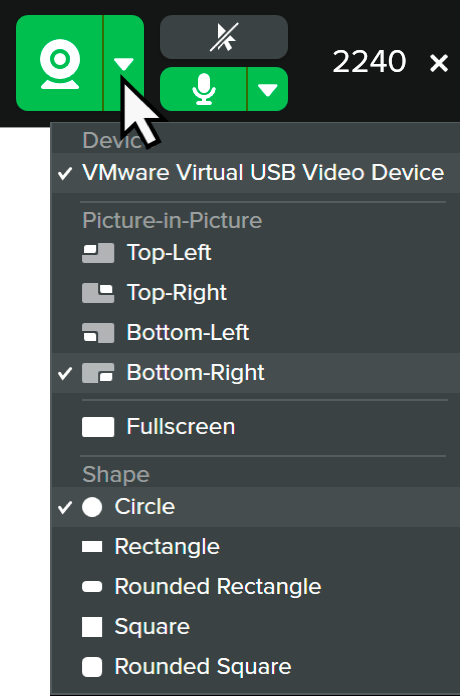 Camera button and options dropdown