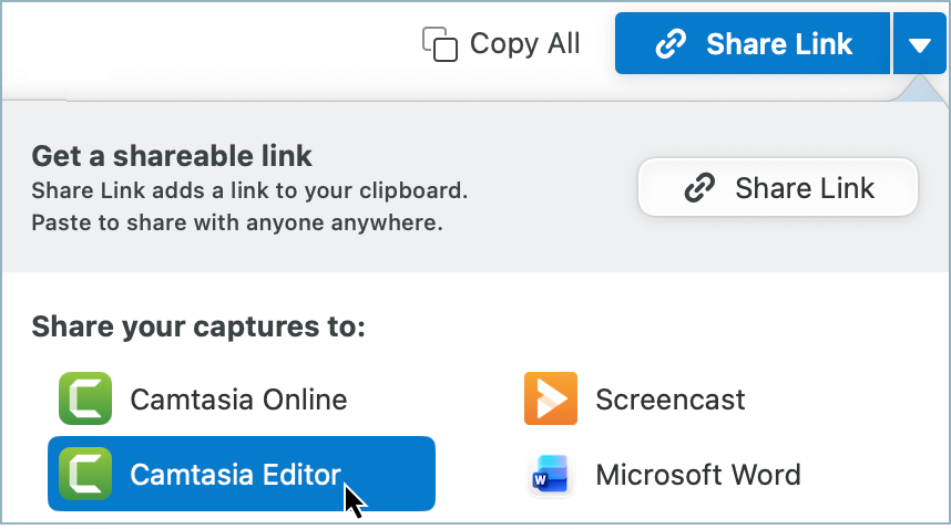 Camtasia Editor option in Snagit Share menu