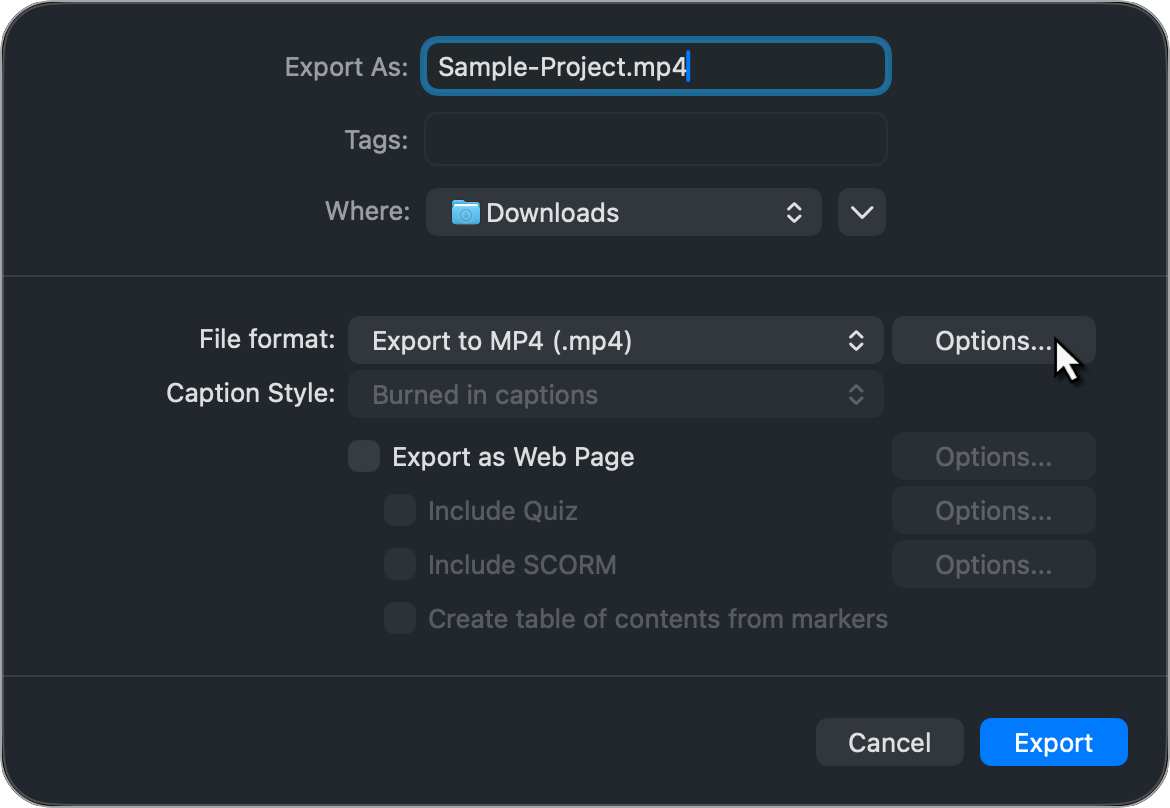 Export as mp4 to local files on Mac