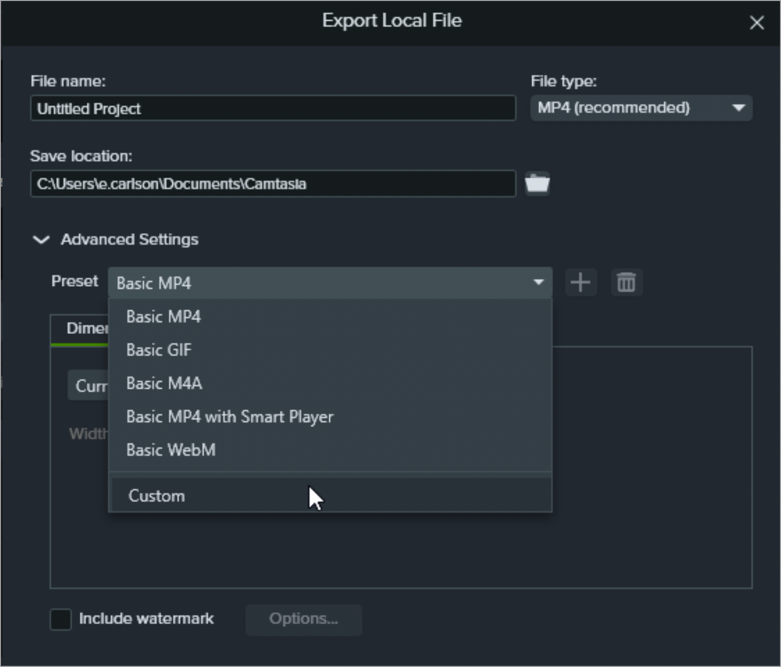Preset dropdown in Export Local file dialog