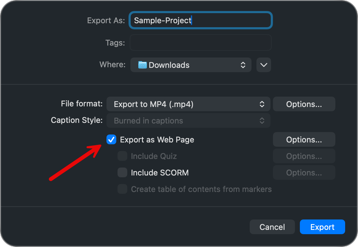 Export as web page option