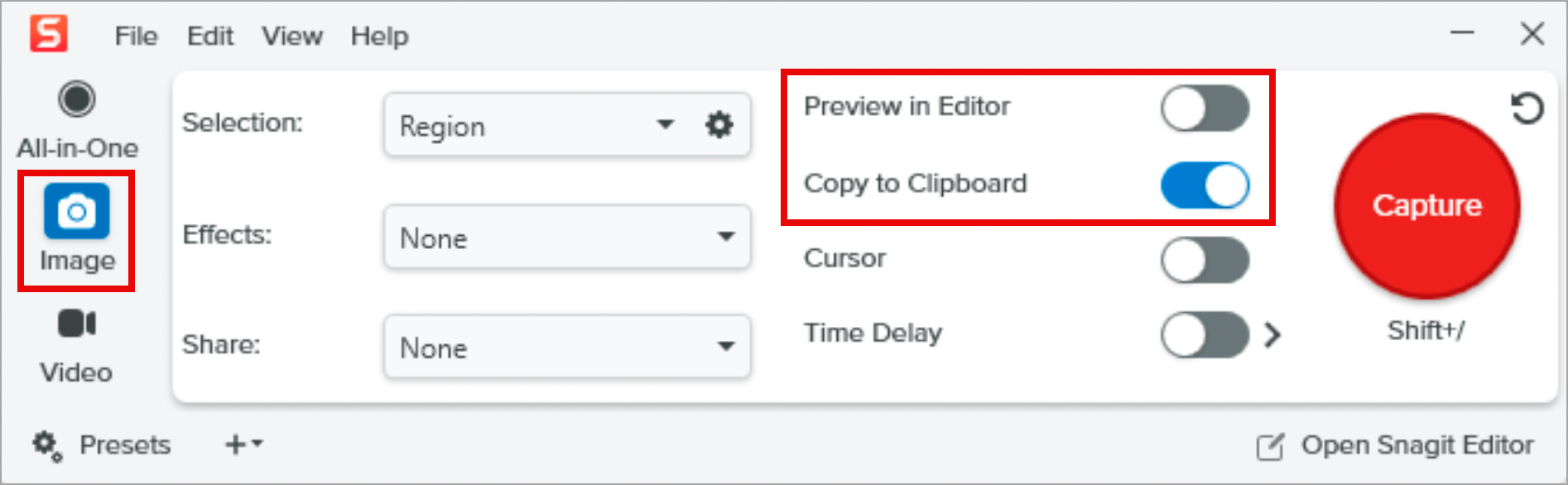 Capture Window settings to copy an image to the clipboard and not open Editor