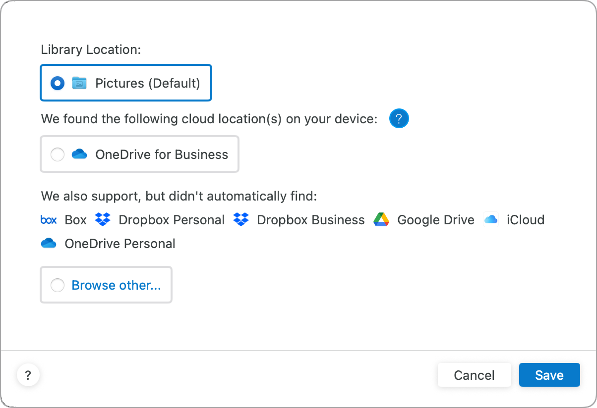 Choose library location on Mac
