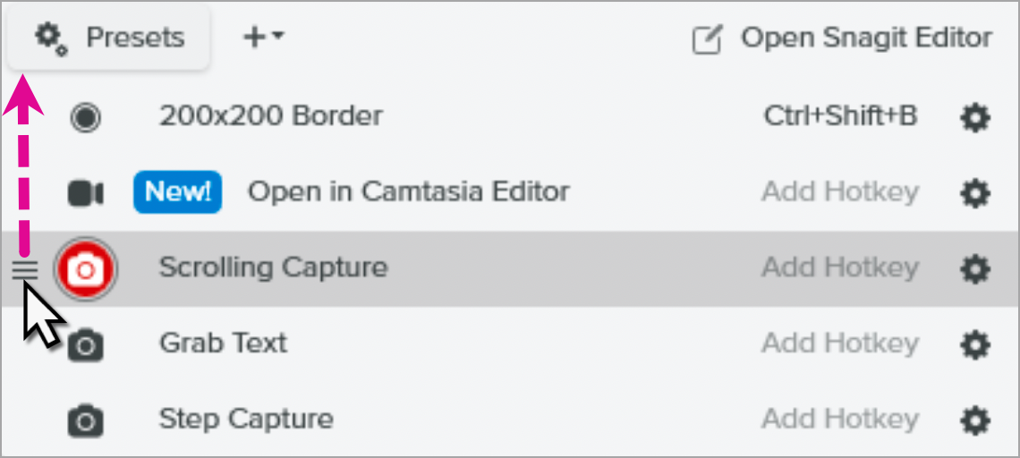Drag to reorder presets