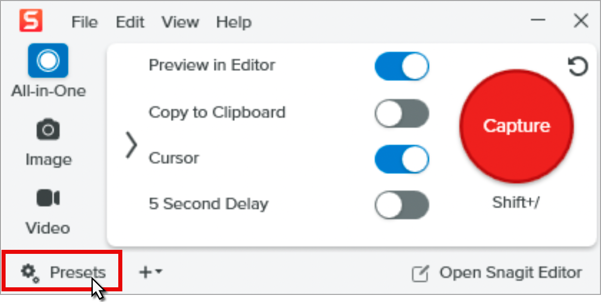 Presets button