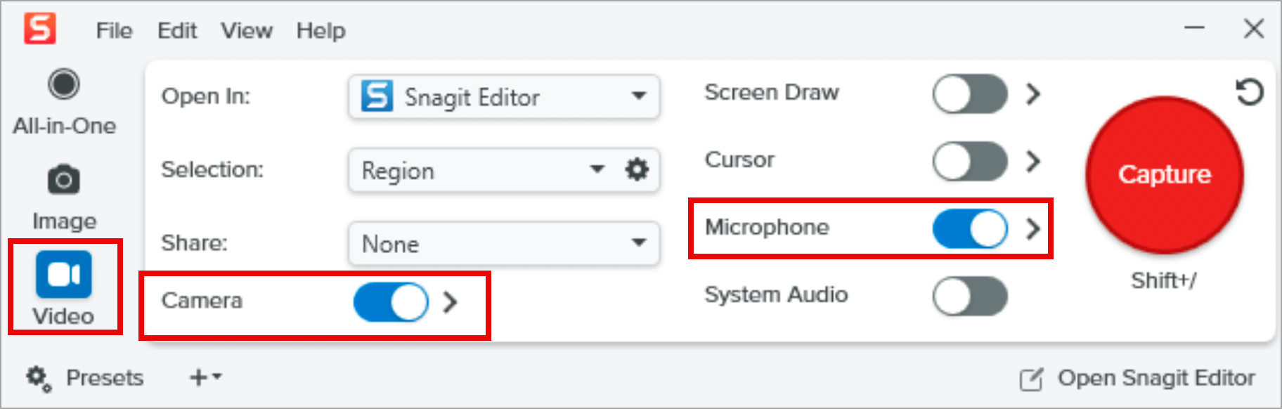 Capture Window settings to record video with webcam picture-in-picture