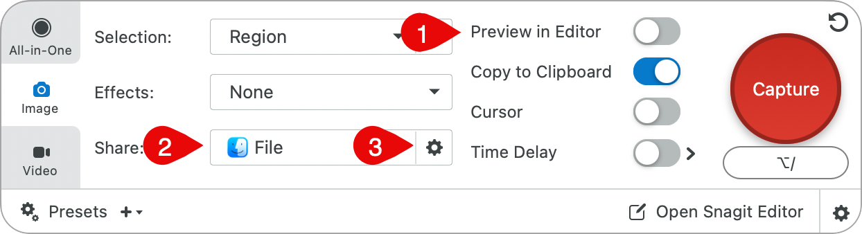 Snagit Mac capture settings to save capture as a file and not open Editor