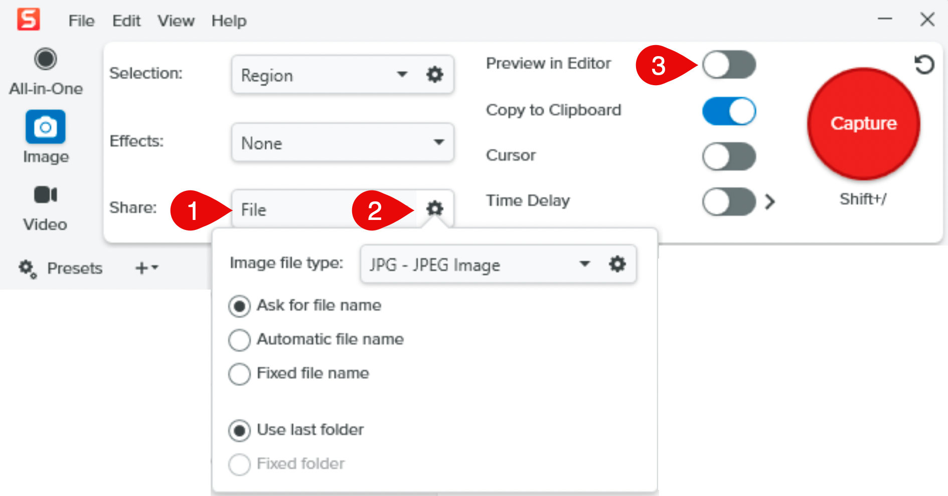 Settings on Windows to save a capture as JPG and not open Snagit Editor