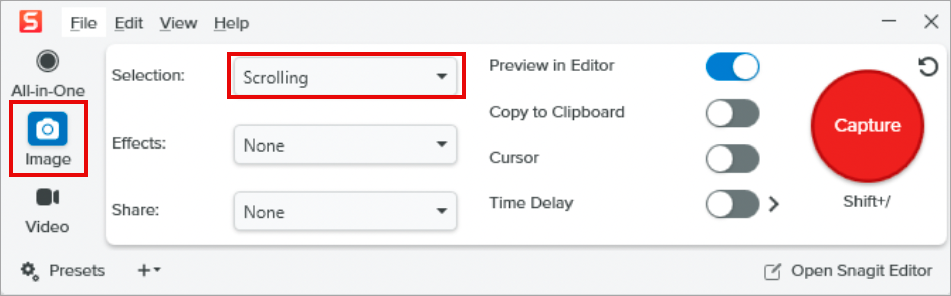 Capture Window settings to take a scrolling capture