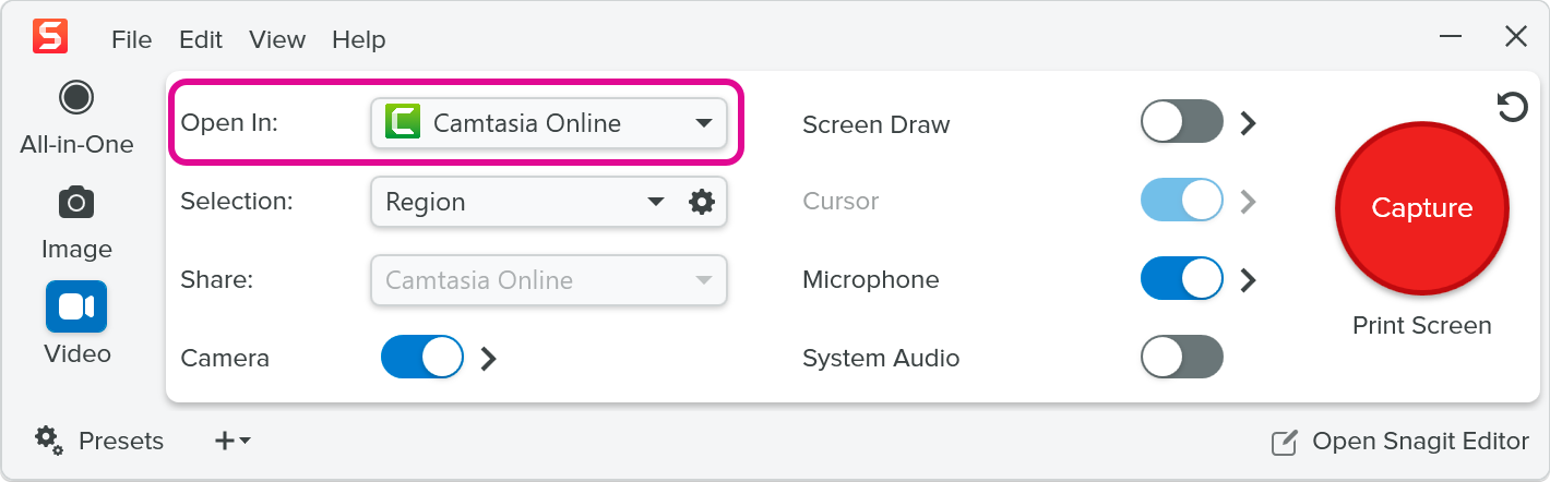 Open In dropdown on the Capture Video tab
