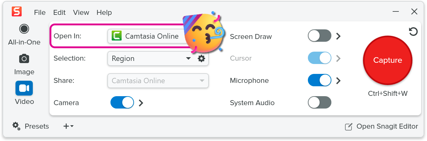 Janela de captura de vídeo com a opção Abrir no Camtasia Online